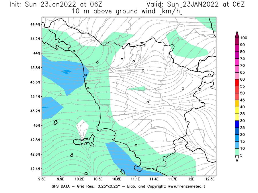 Mappa di analisi GFS - Velocità del vento a 10 metri dal suolo [km/h] in Toscana
							del 23/01/2022 06 <!--googleoff: index-->UTC<!--googleon: index-->
