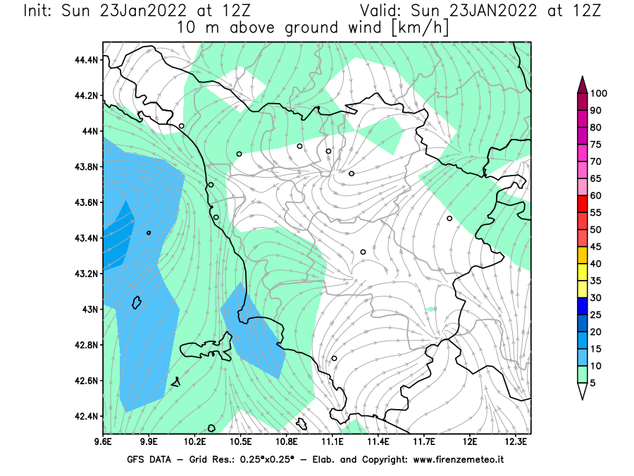 Mappa di analisi GFS - Velocità del vento a 10 metri dal suolo [km/h] in Toscana
							del 23/01/2022 12 <!--googleoff: index-->UTC<!--googleon: index-->
