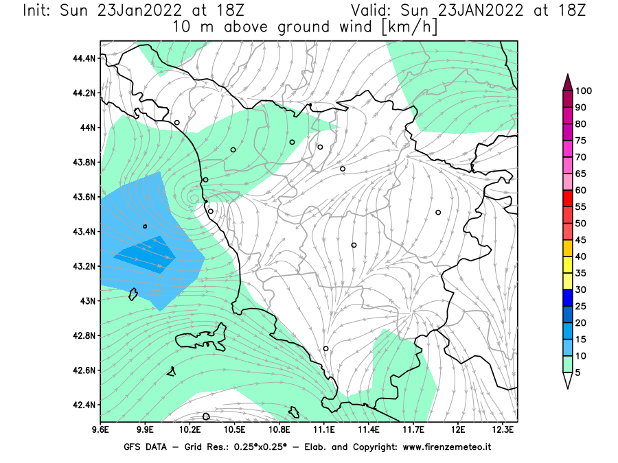 Mappa di analisi GFS - Velocità del vento a 10 metri dal suolo [km/h] in Toscana
							del 23/01/2022 18 <!--googleoff: index-->UTC<!--googleon: index-->
