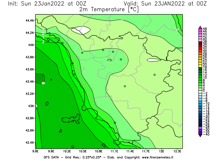Mappa di analisi GFS - Temperatura a 2 metri dal suolo [°C] in Toscana
							del 23/01/2022 00 <!--googleoff: index-->UTC<!--googleon: index-->