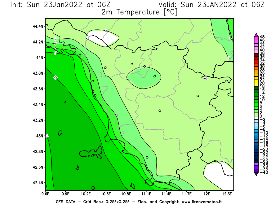 Mappa di analisi GFS - Temperatura a 2 metri dal suolo [°C] in Toscana
							del 23/01/2022 06 <!--googleoff: index-->UTC<!--googleon: index-->
