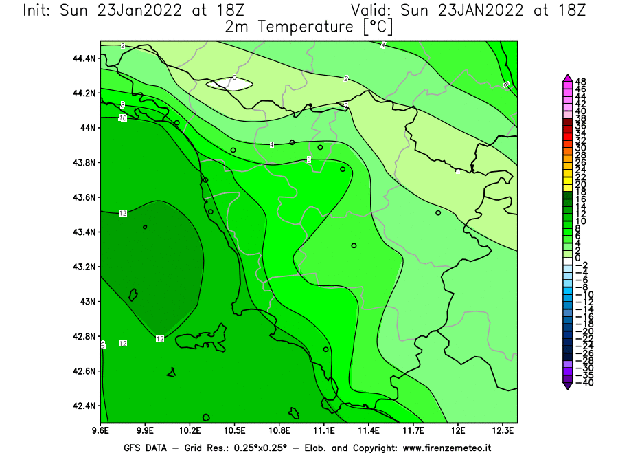 Mappa di analisi GFS - Temperatura a 2 metri dal suolo [°C] in Toscana
							del 23/01/2022 18 <!--googleoff: index-->UTC<!--googleon: index-->