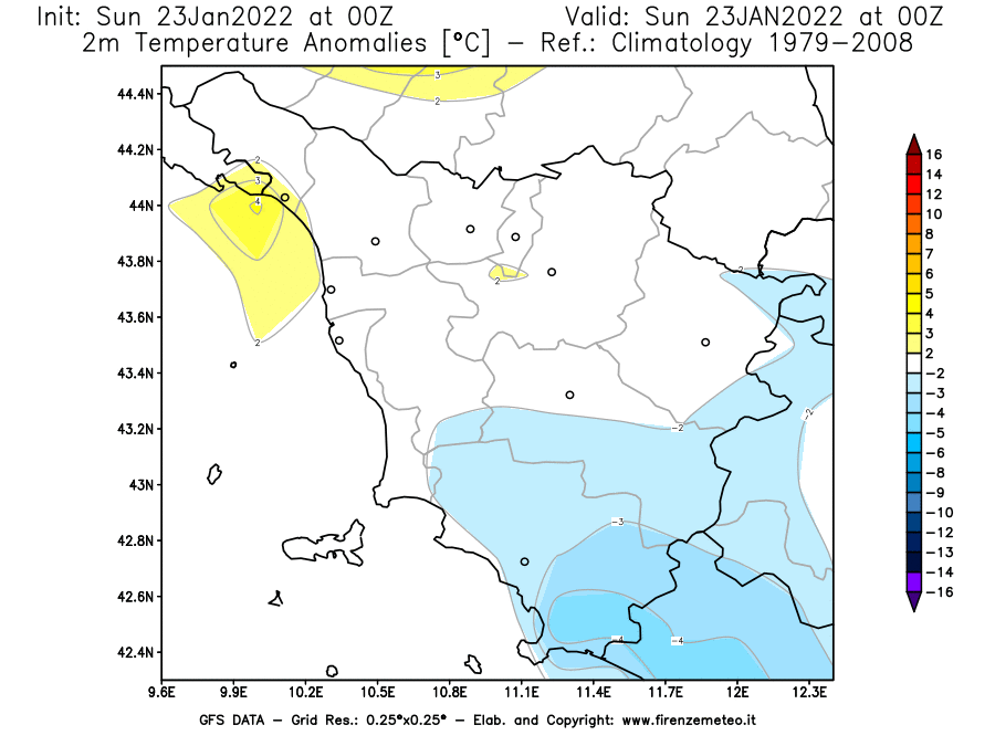 Mappa di analisi GFS - Anomalia Temperatura [°C] a 2 m in Toscana
							del 23/01/2022 00 <!--googleoff: index-->UTC<!--googleon: index-->
