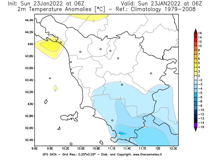 Mappa di analisi GFS - Anomalia Temperatura [°C] a 2 m in Toscana
							del 23/01/2022 06 <!--googleoff: index-->UTC<!--googleon: index-->