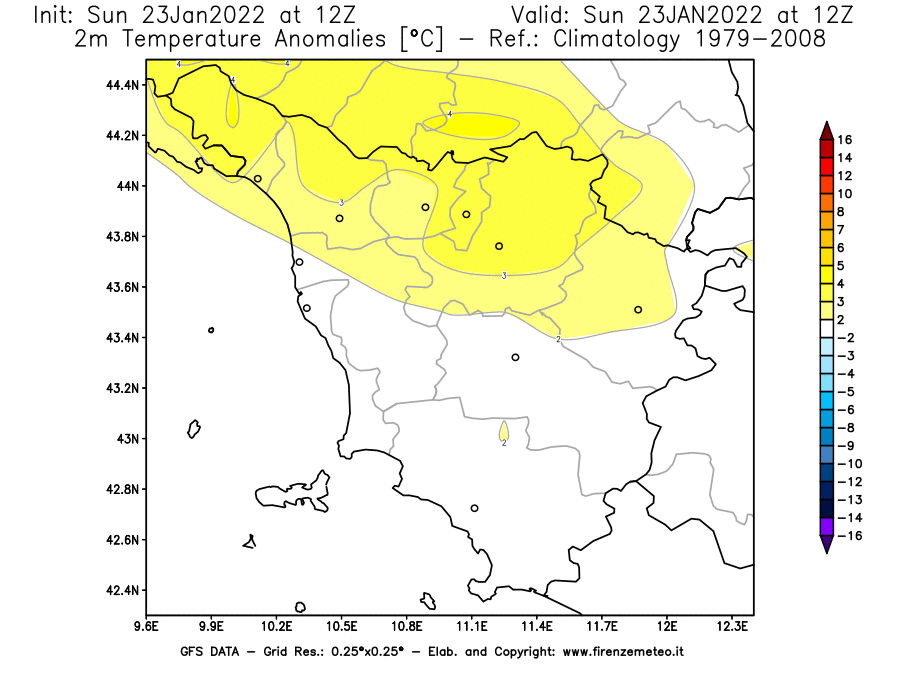 Mappa di analisi GFS - Anomalia Temperatura [°C] a 2 m in Toscana
							del 23/01/2022 12 <!--googleoff: index-->UTC<!--googleon: index-->