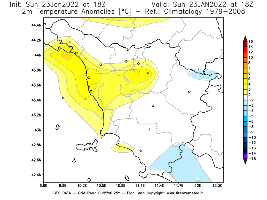 Mappa di analisi GFS - Anomalia Temperatura [°C] a 2 m in Toscana
							del 23/01/2022 18 <!--googleoff: index-->UTC<!--googleon: index-->