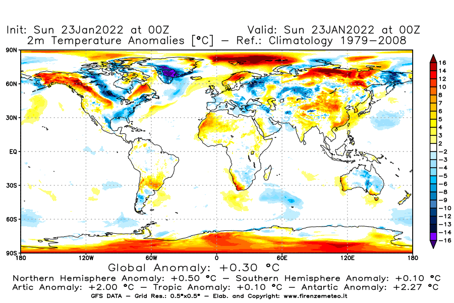 Mappa di analisi GFS - Anomalia Temperatura [°C] a 2 m in World
							del 23/01/2022 00 <!--googleoff: index-->UTC<!--googleon: index-->