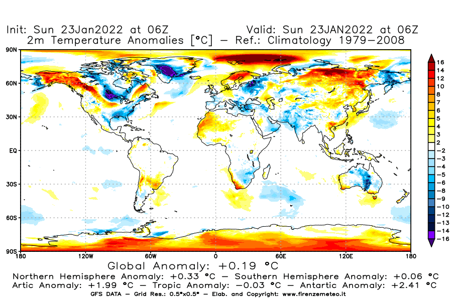 Mappa di analisi GFS - Anomalia Temperatura [°C] a 2 m in World
							del 23/01/2022 06 <!--googleoff: index-->UTC<!--googleon: index-->