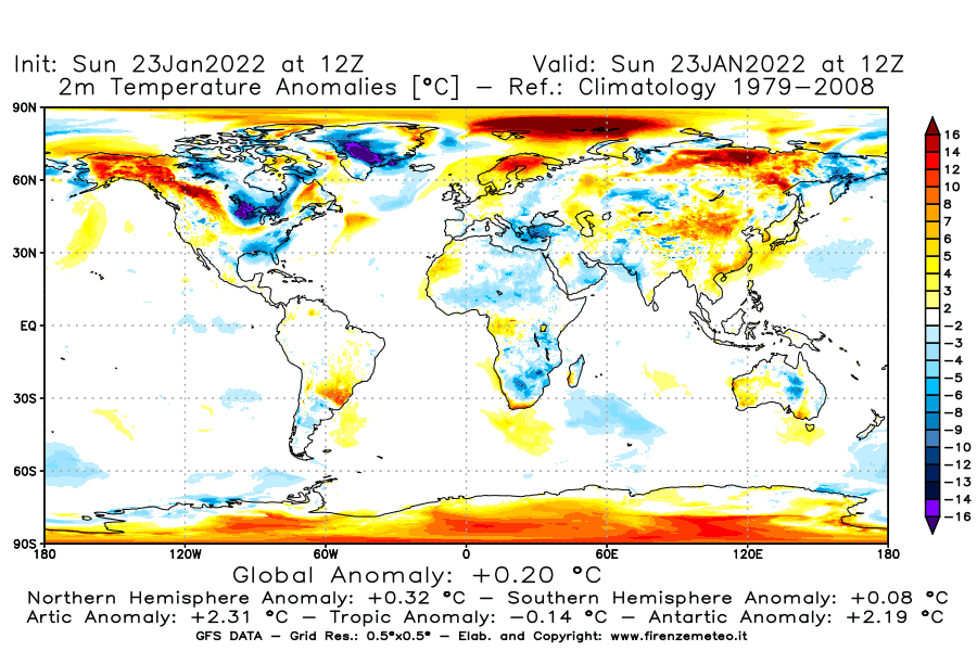 Mappa di analisi GFS - Anomalia Temperatura [°C] a 2 m in World
							del 23/01/2022 12 <!--googleoff: index-->UTC<!--googleon: index-->