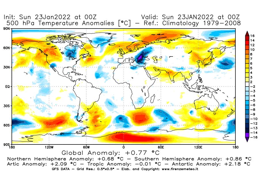 Mappa di analisi GFS - Anomalia Temperatura [°C] a 500 hPa in World
							del 23/01/2022 00 <!--googleoff: index-->UTC<!--googleon: index-->