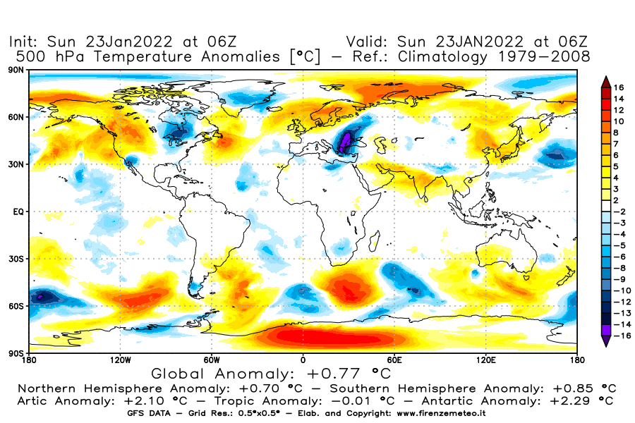 Mappa di analisi GFS - Anomalia Temperatura [°C] a 500 hPa in World
							del 23/01/2022 06 <!--googleoff: index-->UTC<!--googleon: index-->