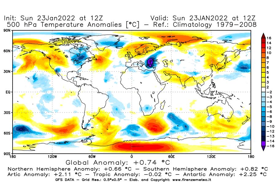 Mappa di analisi GFS - Anomalia Temperatura [°C] a 500 hPa in World
							del 23/01/2022 12 <!--googleoff: index-->UTC<!--googleon: index-->