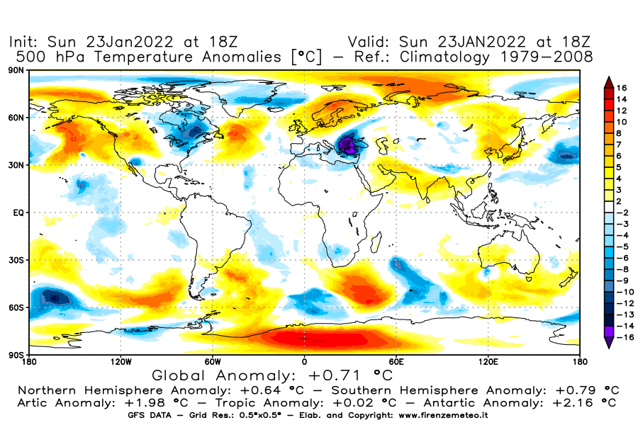 Mappa di analisi GFS - Anomalia Temperatura [°C] a 500 hPa in World
							del 23/01/2022 18 <!--googleoff: index-->UTC<!--googleon: index-->