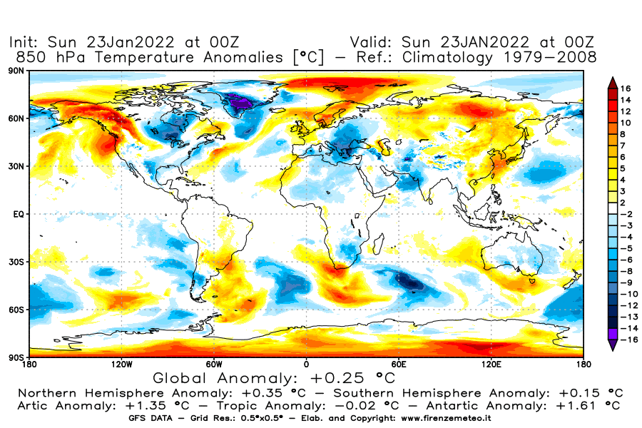 Mappa di analisi GFS - Anomalia Temperatura [°C] a 850 hPa in World
							del 23/01/2022 00 <!--googleoff: index-->UTC<!--googleon: index-->