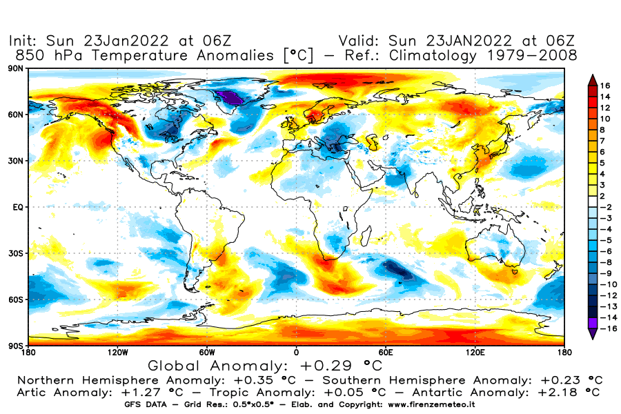 Mappa di analisi GFS - Anomalia Temperatura [°C] a 850 hPa in World
							del 23/01/2022 06 <!--googleoff: index-->UTC<!--googleon: index-->
