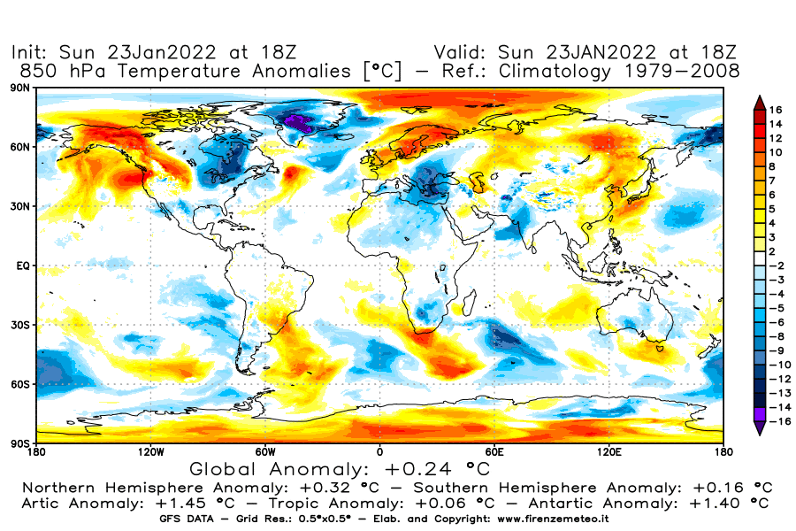 Mappa di analisi GFS - Anomalia Temperatura [°C] a 850 hPa in World
							del 23/01/2022 18 <!--googleoff: index-->UTC<!--googleon: index-->