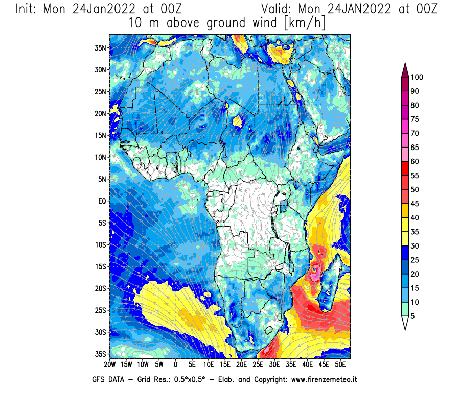 Mappa di analisi GFS - Velocità del vento a 10 metri dal suolo [km/h] in Africa
							del 24/01/2022 00 <!--googleoff: index-->UTC<!--googleon: index-->