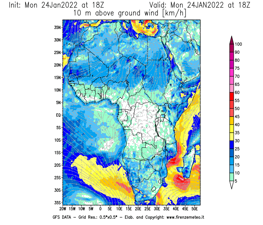 Mappa di analisi GFS - Velocità del vento a 10 metri dal suolo [km/h] in Africa
							del 24/01/2022 18 <!--googleoff: index-->UTC<!--googleon: index-->