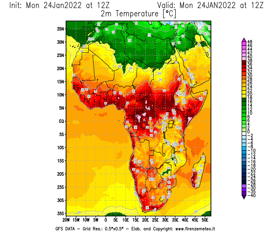 Mappa di analisi GFS - Temperatura a 2 metri dal suolo [°C] in Africa
							del 24/01/2022 12 <!--googleoff: index-->UTC<!--googleon: index-->