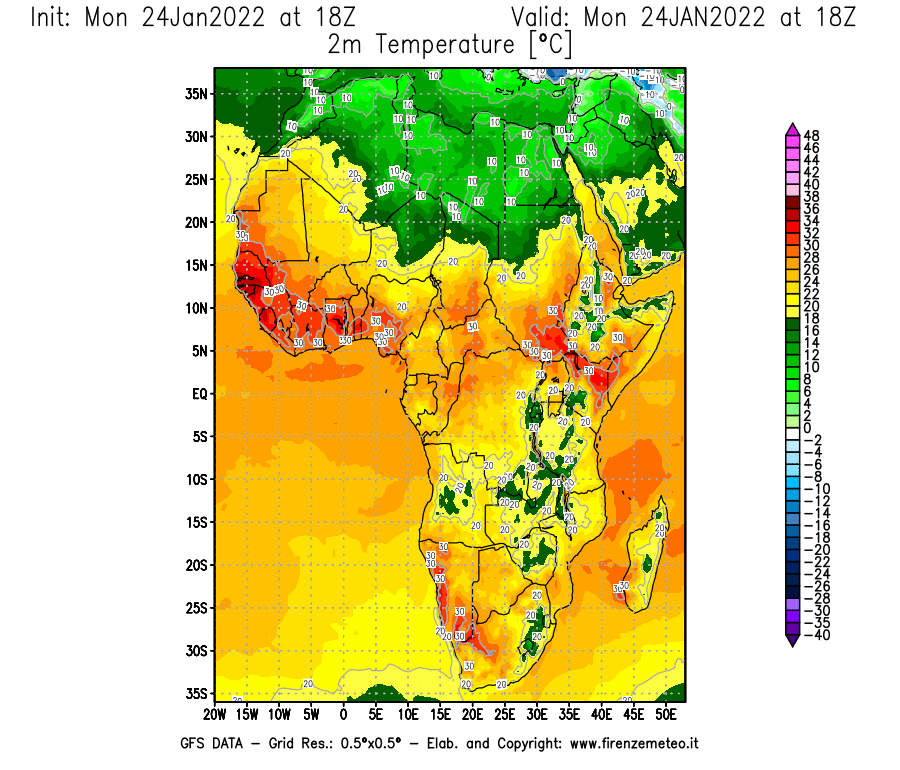 Mappa di analisi GFS - Temperatura a 2 metri dal suolo [°C] in Africa
							del 24/01/2022 18 <!--googleoff: index-->UTC<!--googleon: index-->