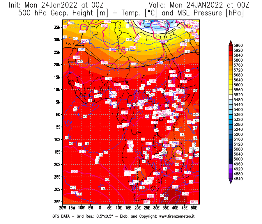 Mappa di analisi GFS - Geopotenziale [m] + Temp. [°C] a 500 hPa + Press. a livello del mare [hPa] in Africa
							del 24/01/2022 00 <!--googleoff: index-->UTC<!--googleon: index-->
