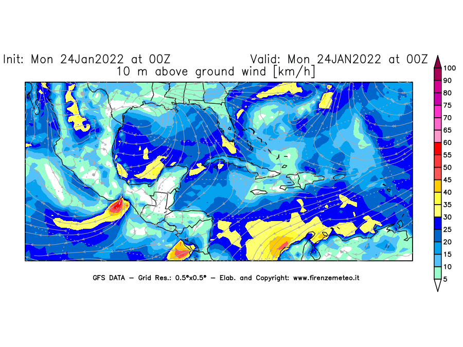 Mappa di analisi GFS - Velocità del vento a 10 metri dal suolo [km/h] in Centro-America
							del 24/01/2022 00 <!--googleoff: index-->UTC<!--googleon: index-->
