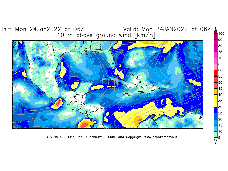 Mappa di analisi GFS - Velocità del vento a 10 metri dal suolo [km/h] in Centro-America
							del 24/01/2022 06 <!--googleoff: index-->UTC<!--googleon: index-->