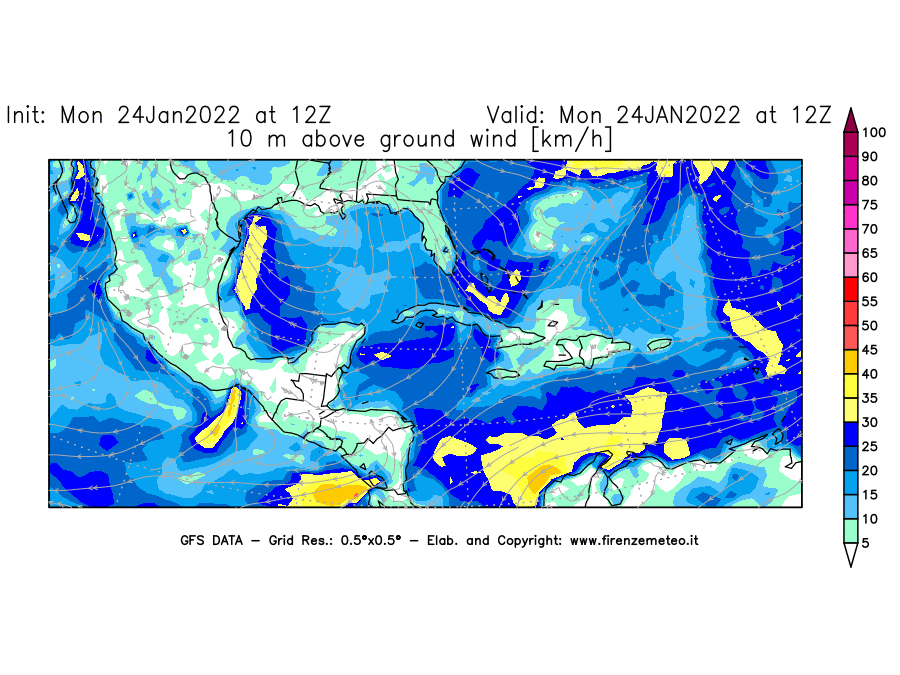 Mappa di analisi GFS - Velocità del vento a 10 metri dal suolo [km/h] in Centro-America
							del 24/01/2022 12 <!--googleoff: index-->UTC<!--googleon: index-->