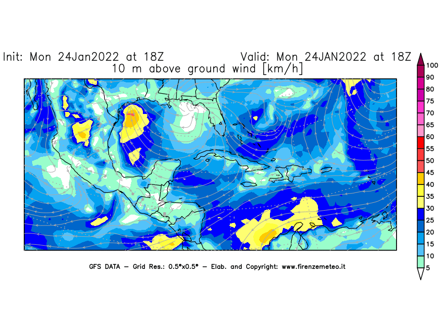 Mappa di analisi GFS - Velocità del vento a 10 metri dal suolo [km/h] in Centro-America
							del 24/01/2022 18 <!--googleoff: index-->UTC<!--googleon: index-->