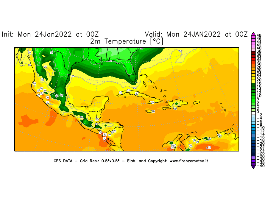 Mappa di analisi GFS - Temperatura a 2 metri dal suolo [°C] in Centro-America
							del 24/01/2022 00 <!--googleoff: index-->UTC<!--googleon: index-->