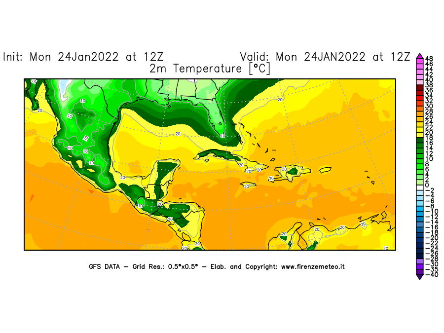 Mappa di analisi GFS - Temperatura a 2 metri dal suolo [°C] in Centro-America
							del 24/01/2022 12 <!--googleoff: index-->UTC<!--googleon: index-->
