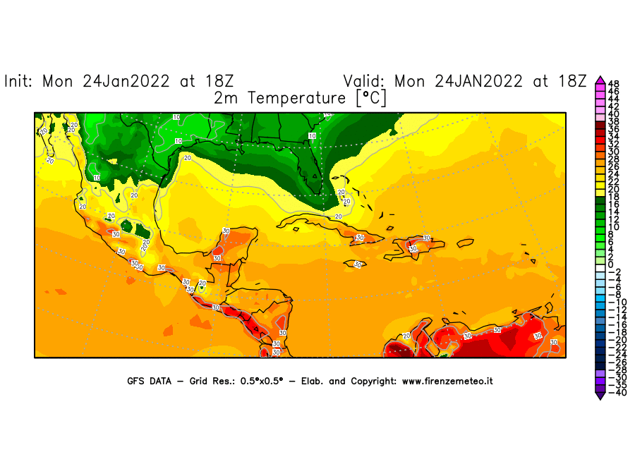 Mappa di analisi GFS - Temperatura a 2 metri dal suolo [°C] in Centro-America
							del 24/01/2022 18 <!--googleoff: index-->UTC<!--googleon: index-->