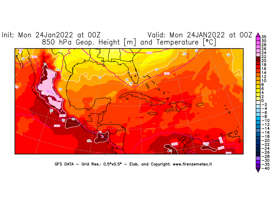 Mappa di analisi GFS - Geopotenziale [m] e Temperatura [°C] a 850 hPa in Centro-America
							del 24/01/2022 00 <!--googleoff: index-->UTC<!--googleon: index-->