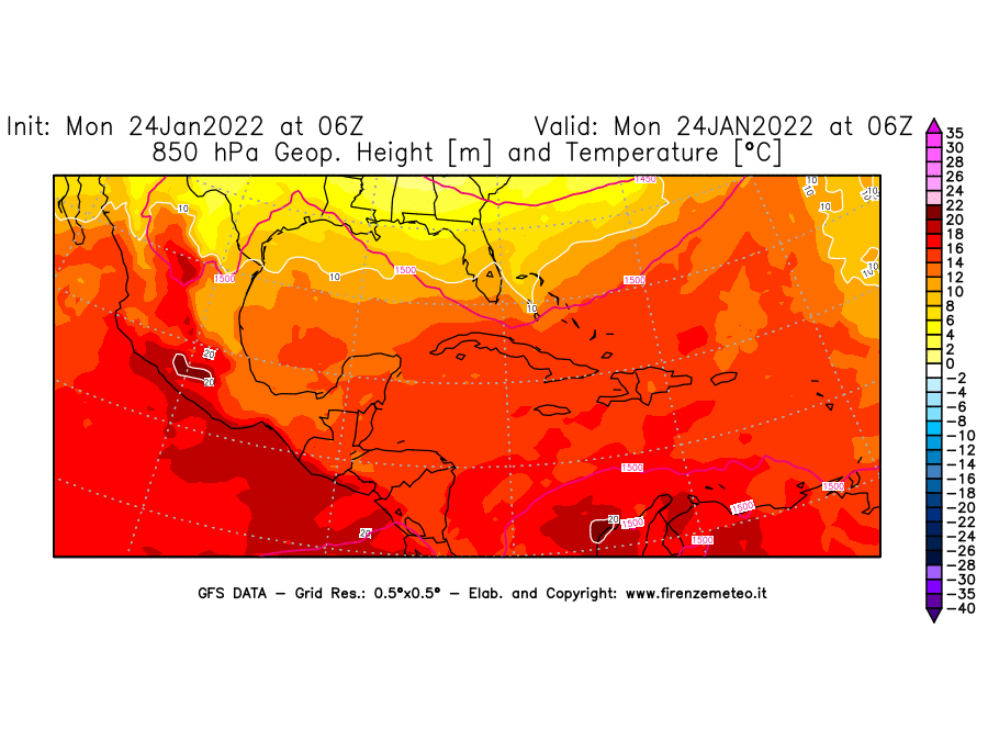 Mappa di analisi GFS - Geopotenziale [m] e Temperatura [°C] a 850 hPa in Centro-America
							del 24/01/2022 06 <!--googleoff: index-->UTC<!--googleon: index-->