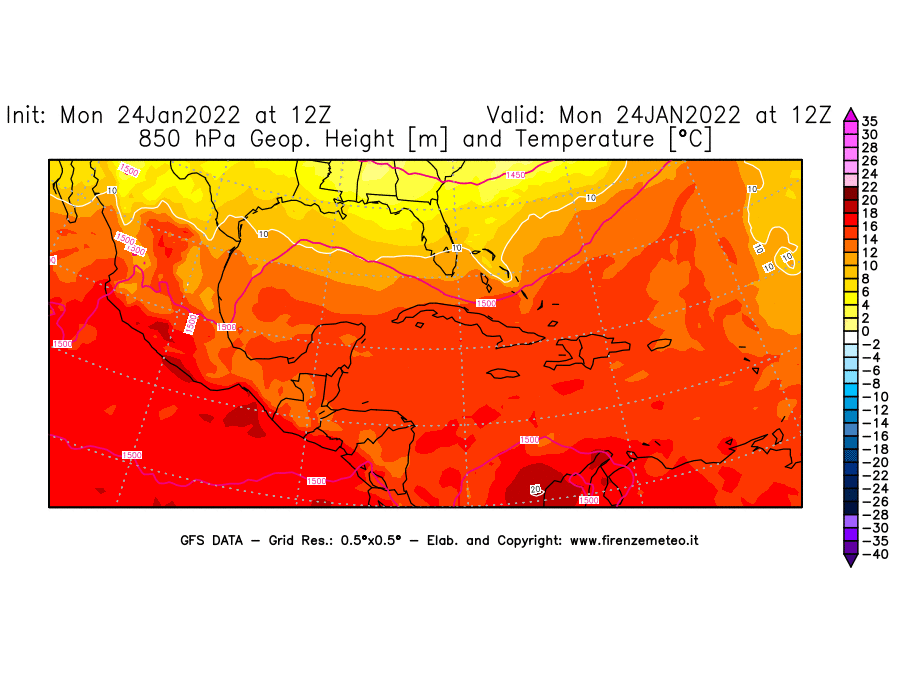 Mappa di analisi GFS - Geopotenziale [m] e Temperatura [°C] a 850 hPa in Centro-America
							del 24/01/2022 12 <!--googleoff: index-->UTC<!--googleon: index-->