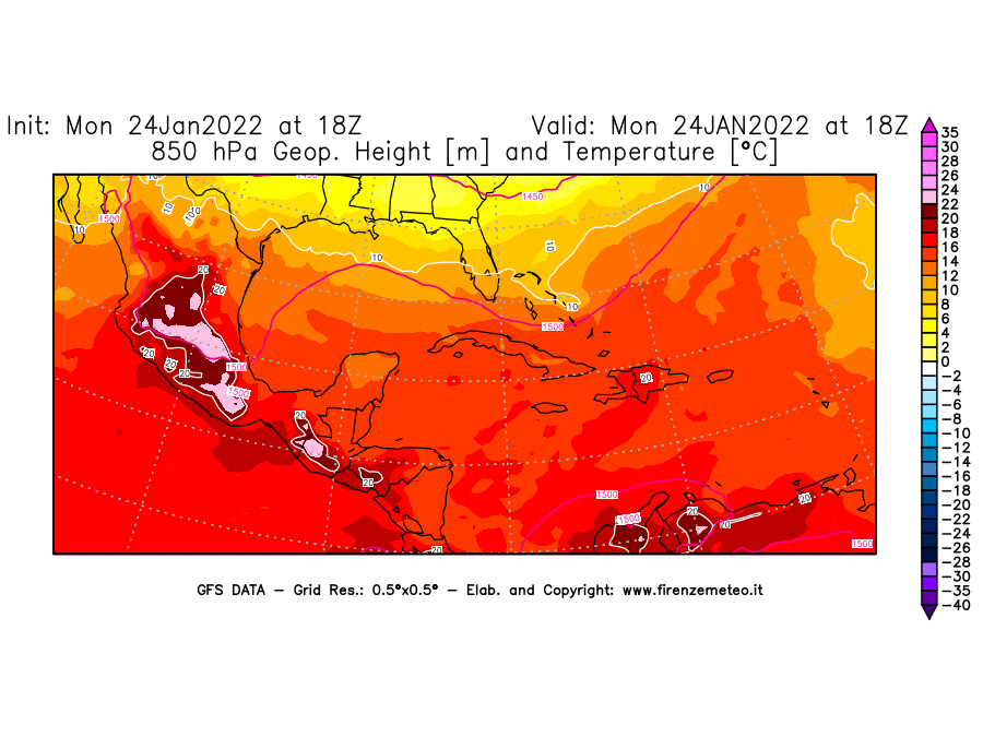 Mappa di analisi GFS - Geopotenziale [m] e Temperatura [°C] a 850 hPa in Centro-America
							del 24/01/2022 18 <!--googleoff: index-->UTC<!--googleon: index-->