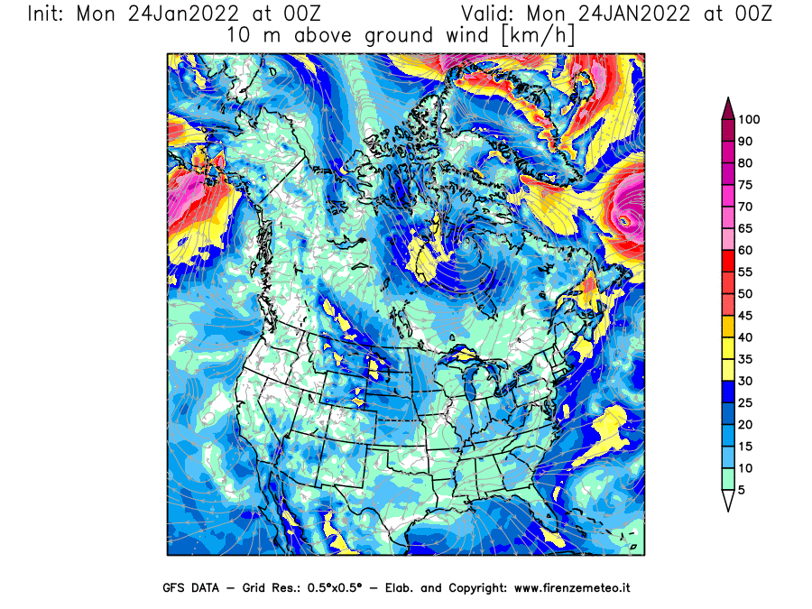 Mappa di analisi GFS - Velocità del vento a 10 metri dal suolo [km/h] in Nord-America
							del 24/01/2022 00 <!--googleoff: index-->UTC<!--googleon: index-->