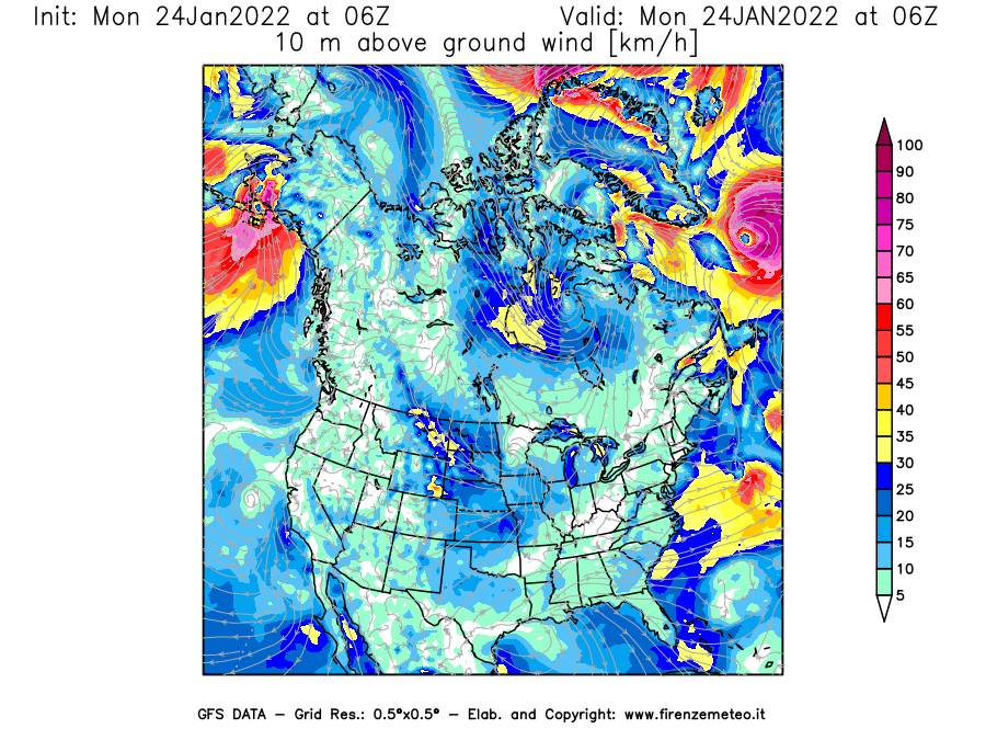 Mappa di analisi GFS - Velocità del vento a 10 metri dal suolo [km/h] in Nord-America
							del 24/01/2022 06 <!--googleoff: index-->UTC<!--googleon: index-->
