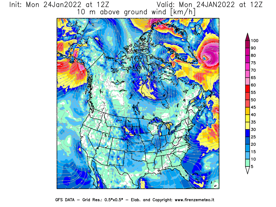 Mappa di analisi GFS - Velocità del vento a 10 metri dal suolo [km/h] in Nord-America
							del 24/01/2022 12 <!--googleoff: index-->UTC<!--googleon: index-->
