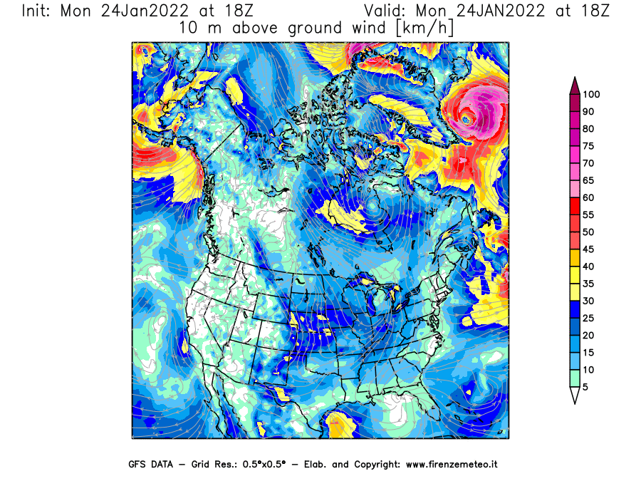 Mappa di analisi GFS - Velocità del vento a 10 metri dal suolo [km/h] in Nord-America
							del 24/01/2022 18 <!--googleoff: index-->UTC<!--googleon: index-->