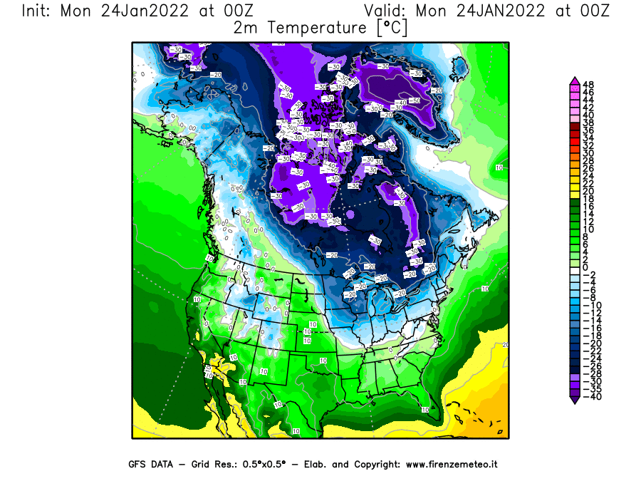 Mappa di analisi GFS - Temperatura a 2 metri dal suolo [°C] in Nord-America
							del 24/01/2022 00 <!--googleoff: index-->UTC<!--googleon: index-->