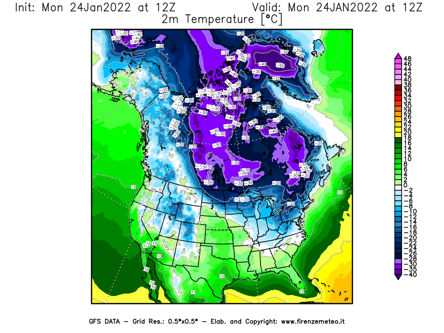 Mappa di analisi GFS - Temperatura a 2 metri dal suolo [°C] in Nord-America
							del 24/01/2022 12 <!--googleoff: index-->UTC<!--googleon: index-->