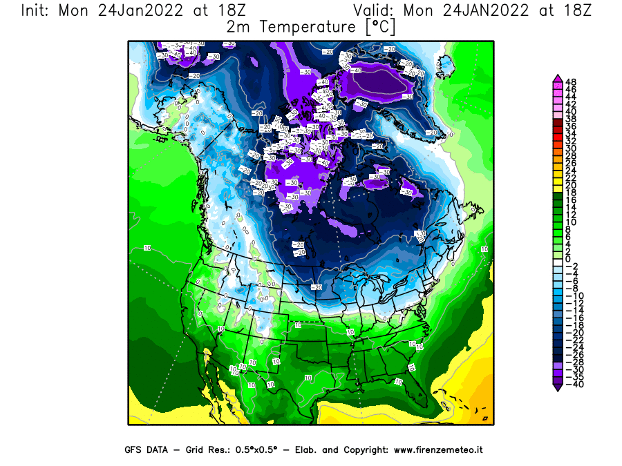 Mappa di analisi GFS - Temperatura a 2 metri dal suolo [°C] in Nord-America
							del 24/01/2022 18 <!--googleoff: index-->UTC<!--googleon: index-->