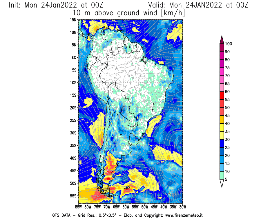 Mappa di analisi GFS - Velocità del vento a 10 metri dal suolo [km/h] in Sud-America
							del 24/01/2022 00 <!--googleoff: index-->UTC<!--googleon: index-->