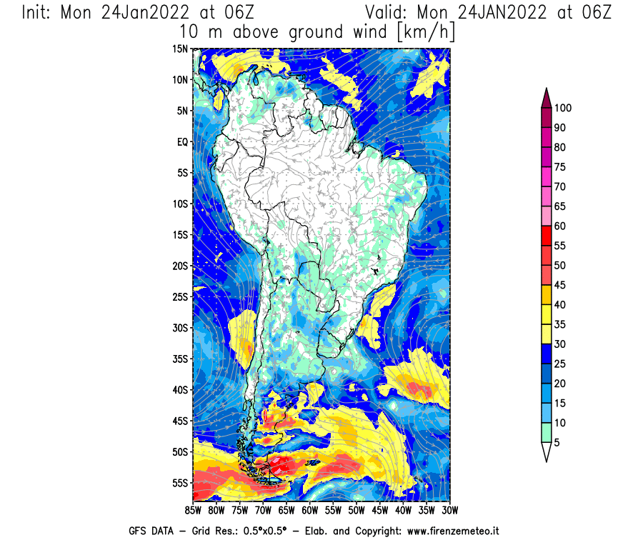 Mappa di analisi GFS - Velocità del vento a 10 metri dal suolo [km/h] in Sud-America
							del 24/01/2022 06 <!--googleoff: index-->UTC<!--googleon: index-->