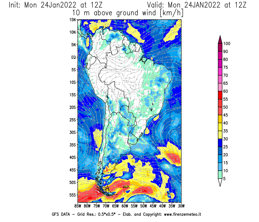 Mappa di analisi GFS - Velocità del vento a 10 metri dal suolo [km/h] in Sud-America
							del 24/01/2022 12 <!--googleoff: index-->UTC<!--googleon: index-->