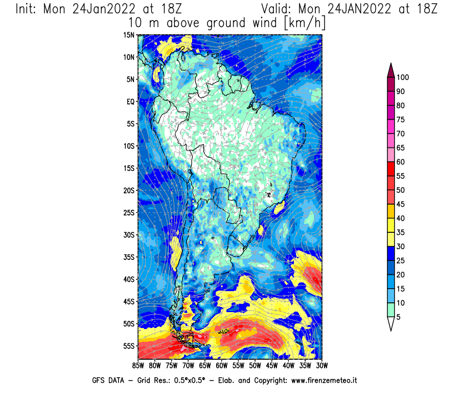 Mappa di analisi GFS - Velocità del vento a 10 metri dal suolo [km/h] in Sud-America
							del 24/01/2022 18 <!--googleoff: index-->UTC<!--googleon: index-->