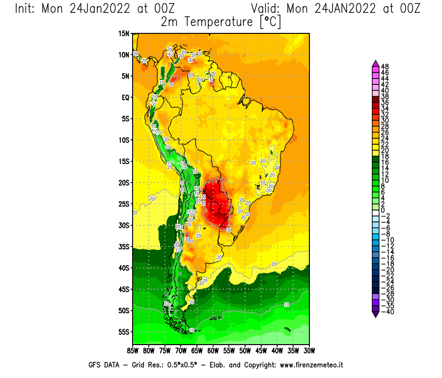Mappa di analisi GFS - Temperatura a 2 metri dal suolo [°C] in Sud-America
							del 24/01/2022 00 <!--googleoff: index-->UTC<!--googleon: index-->