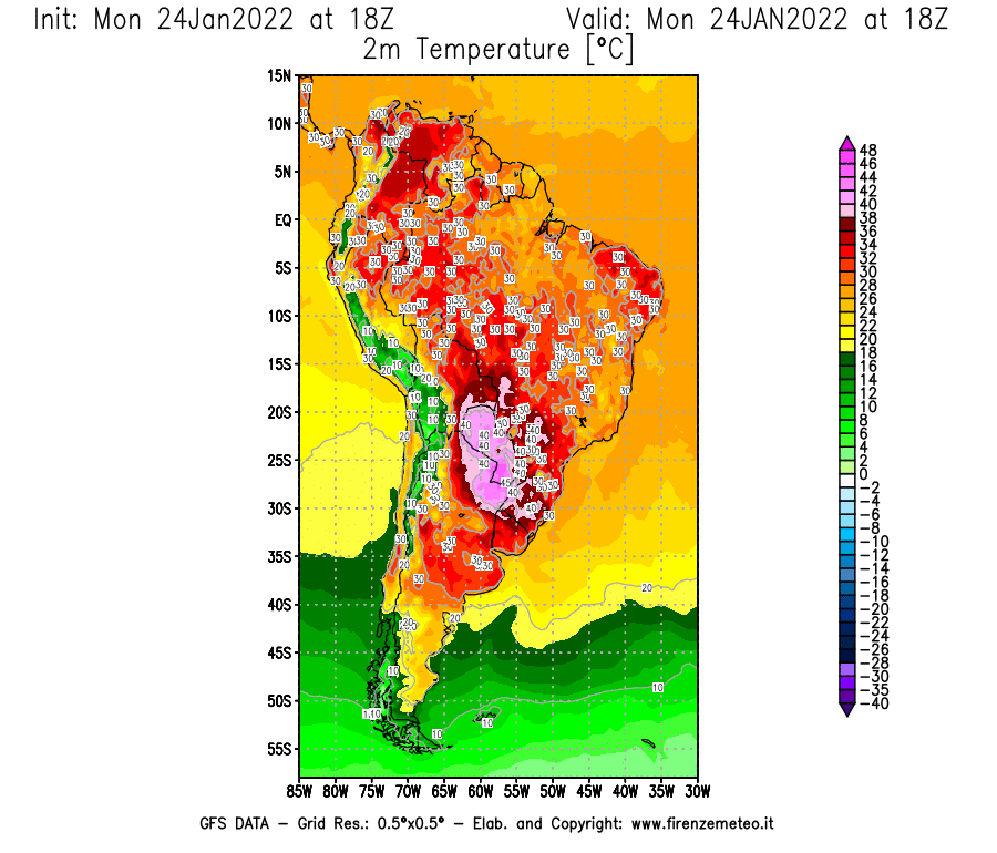 Mappa di analisi GFS - Temperatura a 2 metri dal suolo [°C] in Sud-America
							del 24/01/2022 18 <!--googleoff: index-->UTC<!--googleon: index-->