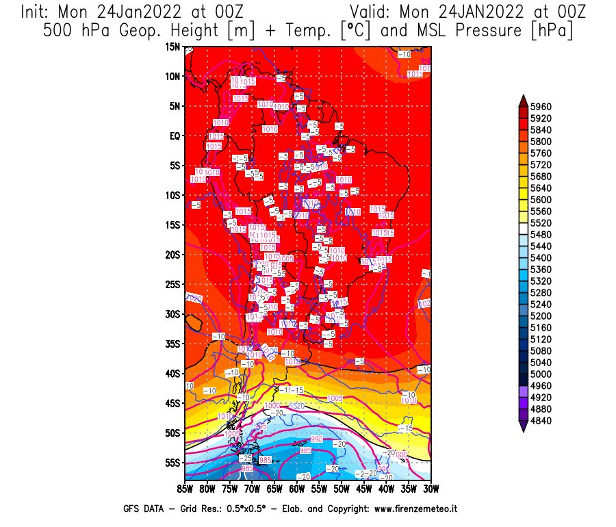 Mappa di analisi GFS - Geopotenziale [m] + Temp. [°C] a 500 hPa + Press. a livello del mare [hPa] in Sud-America
							del 24/01/2022 00 <!--googleoff: index-->UTC<!--googleon: index-->